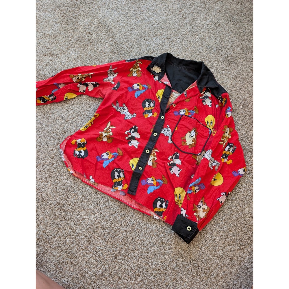 Vintage Looney Tunes Character Print Button Down Shirt Red Black Taz Pin